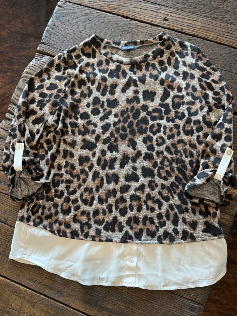 Olivia Blu Leopard Print Layered Look Blouse - Tan Black Cream Womens Large